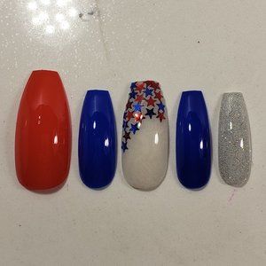 4thofJuly Nails Custom gel Press on Nails Handmade 10 pc set red white blue star